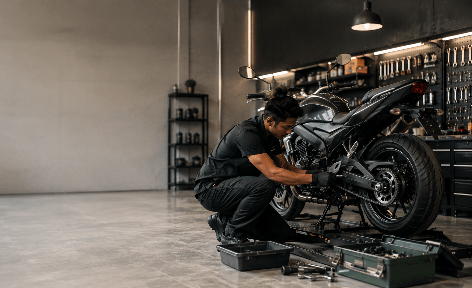 Focused mechanic examining motorcycle details in workshop
